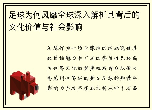 足球为何风靡全球深入解析其背后的文化价值与社会影响